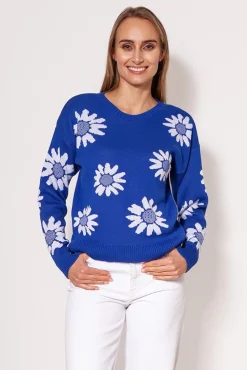 Sweter w kwiatki o prostym kroju - kobaltowy