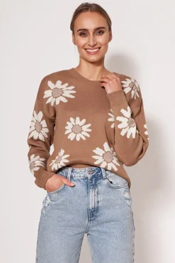 Sweter w kwiatki o prostym kroju - mocca
