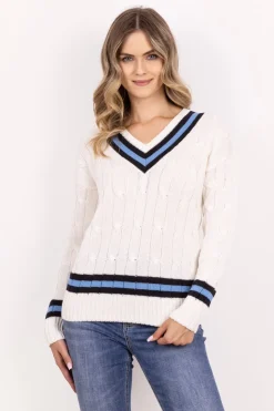 Sweter z ozdobnym dekoltem w serek - ecru-niebieski