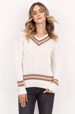 Sweter z ozdobnym dekoltem w serek - ecru-beż