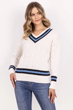 Sweter z ozdobnym dekoltem w serek - ecru-niebieski