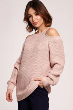 Sweter z wycięciami na ramionach - różowy
