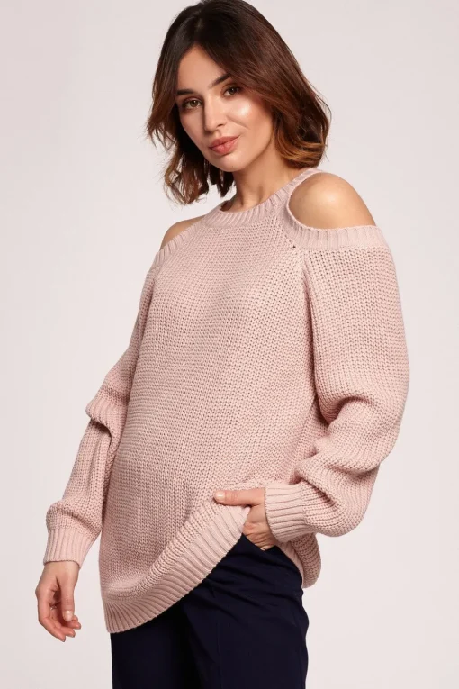 Sweter z wycięciami na ramionach - różowy