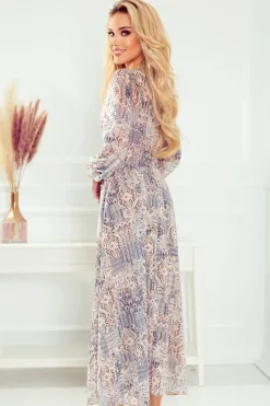 Szyfonowa sukienka maxi - boho beżowo-niebieski
