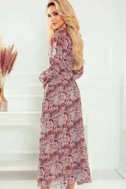 Szyfonowa sukienka midi - brązowy wzór boho