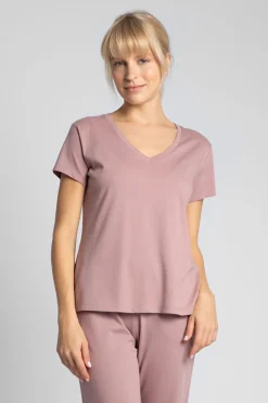 T-shirt do spania z dekoltem w serek - wrzosowa