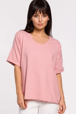 T-shirt oversize z okrągłym dekoltem - różowy