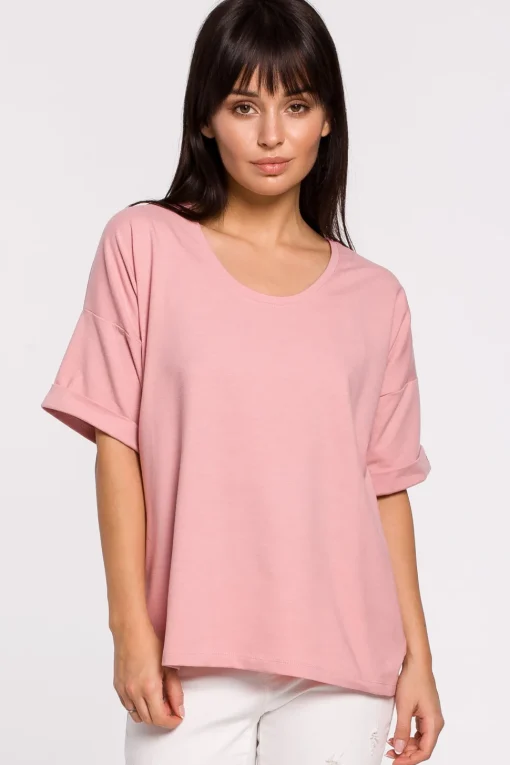T-shirt oversize z okrągłym dekoltem - różowy