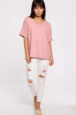 T-shirt oversize z okrągłym dekoltem - różowy