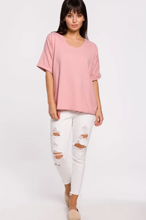 T-shirt oversize z okrągłym dekoltem - różowy
