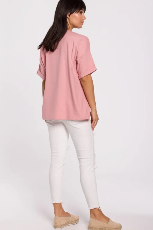 T-shirt oversize z okrągłym dekoltem - różowy