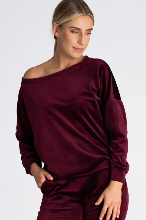 Welurowa bluza damska oversize - bordowa