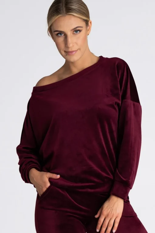 Welurowa bluza damska oversize - bordowa
