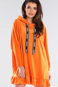 Welurowa bluza oversize z falbanką - pomarańczowa