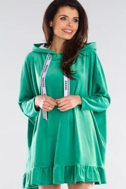 Welurowa bluza oversize z falbanką - zielona