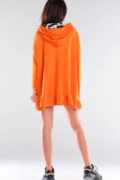 Welurowa bluza oversize z falbanką - pomarańczowa
