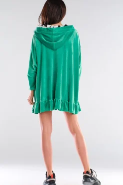 Welurowa bluza oversize z falbanką - zielona