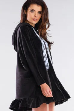 Welurowa bluza oversize z falbanką - czarna
