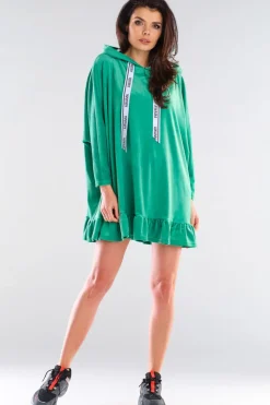 Welurowa bluza oversize z falbanką - zielona