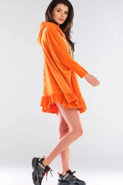 Welurowa bluza oversize z falbanką - pomarańczowa
