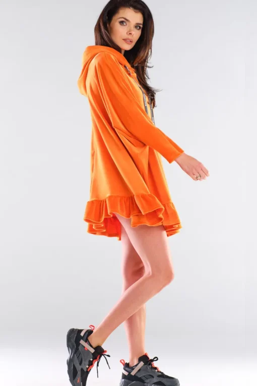 Welurowa bluza oversize z falbanką - pomarańczowa