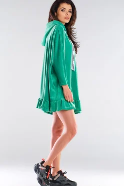 Welurowa bluza oversize z falbanką - zielona