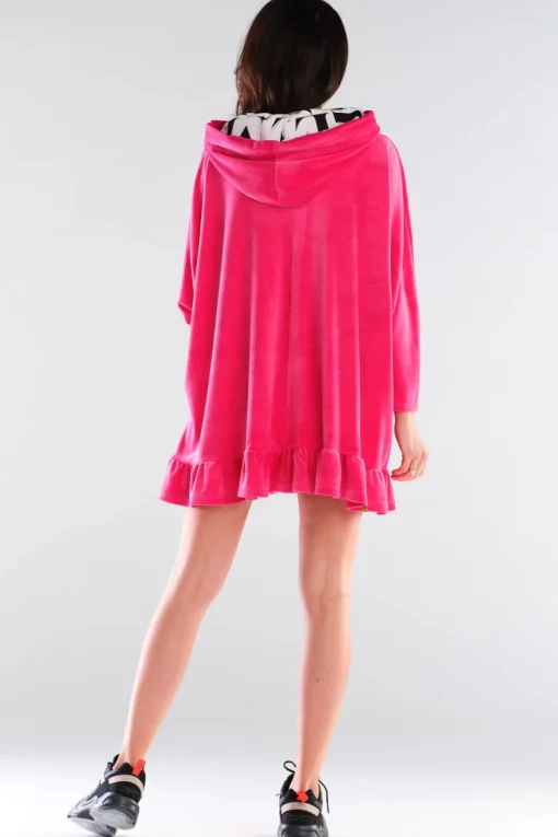 Welurowa bluza oversize z falbanką - różowa