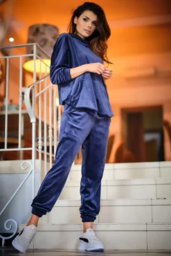 Welurowa bluza z kapturem - granatowa