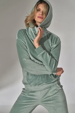 Welurowa bluza z kapturem - miętowa