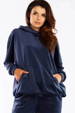 Welurowa bluza z kapturem - granatowa