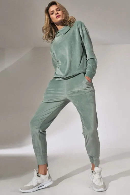 Welurowa bluza z kapturem - miętowa
