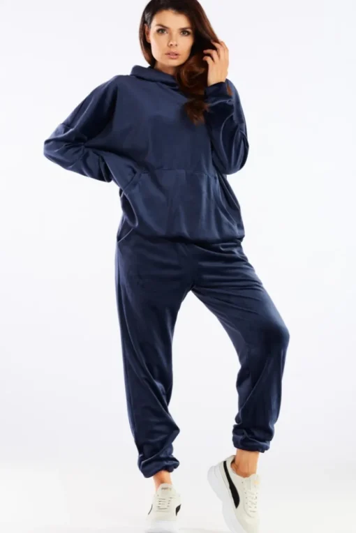 Welurowa bluza z kapturem - granatowa