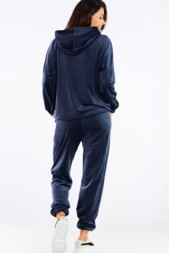 Welurowa bluza z kapturem - granatowa