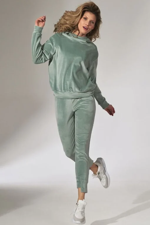Welurowa bluza z kapturem - miętowa