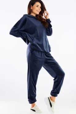 Welurowa bluza z kapturem - granatowa