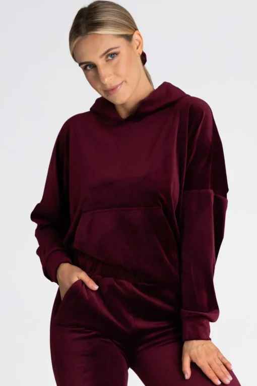 Welurowa bluza z kieszenią kangurek - bordowa