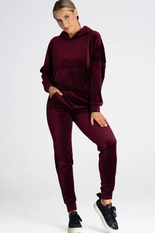 Welurowa bluza z kieszenią kangurek - bordowa