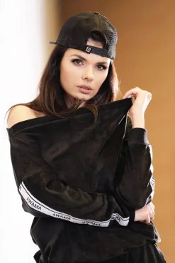 Welurowa bluza z lampasami - czarna