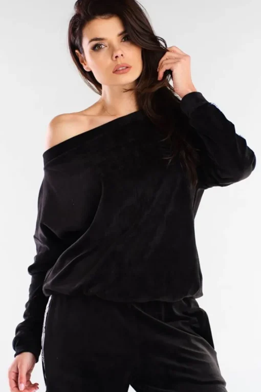 Welurowa bluza z lampasami - czarna