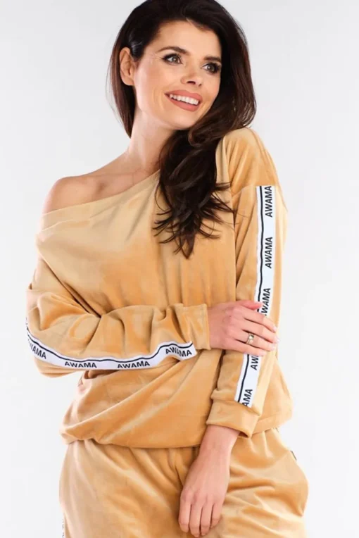 Welurowa bluza z lampasami - beżowa