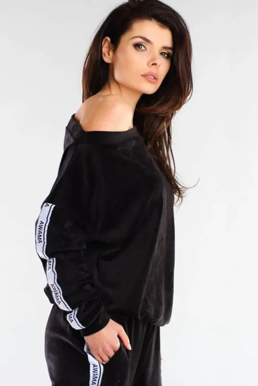 Welurowa bluza z lampasami - czarna