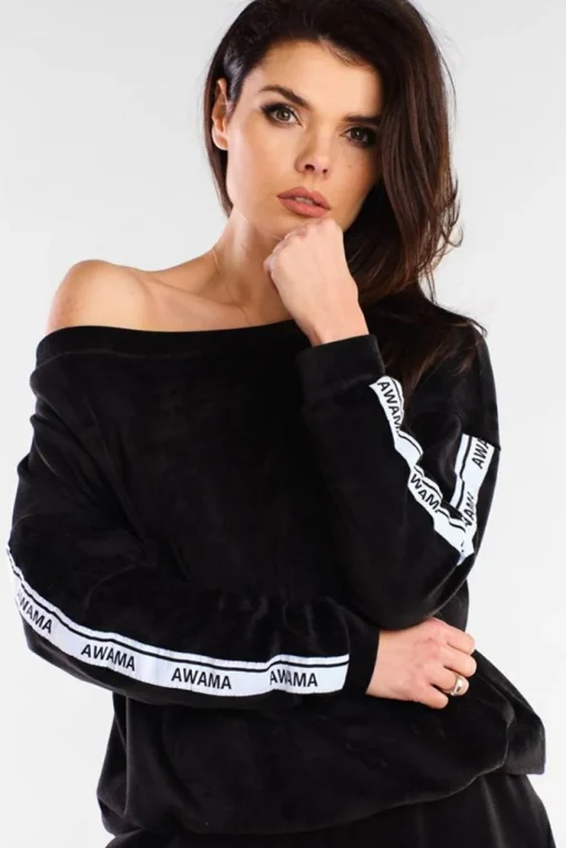 Welurowa bluza z lampasami - czarna