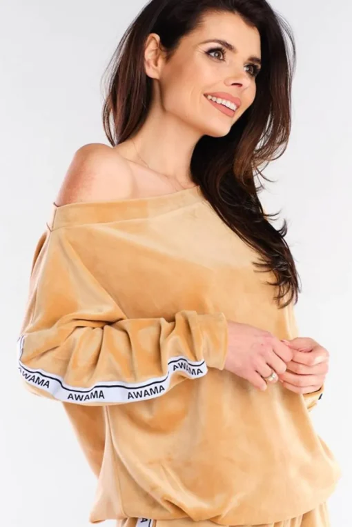 Welurowa bluza z lampasami - beżowa