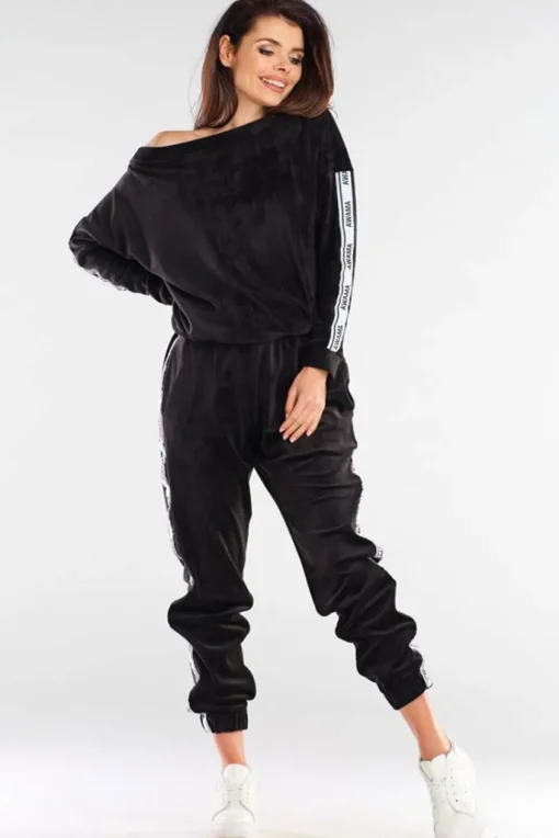 Welurowa bluza z lampasami - czarna