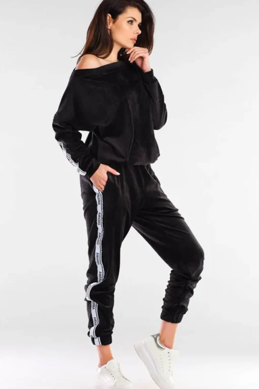 Welurowa bluza z lampasami - czarna