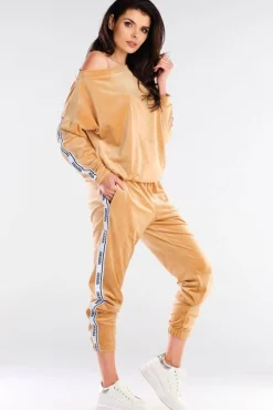 Welurowa bluza z lampasami - beżowa