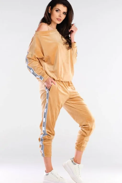 Welurowa bluza z lampasami - beżowa