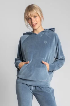 Welurowa bluza z nietoperzowymi rękawami - niebieska