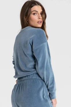 Welurowa bluza z wypustką - niebieska