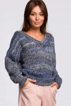 Wielokolorowy sweter z dekoltem V - niebieski
